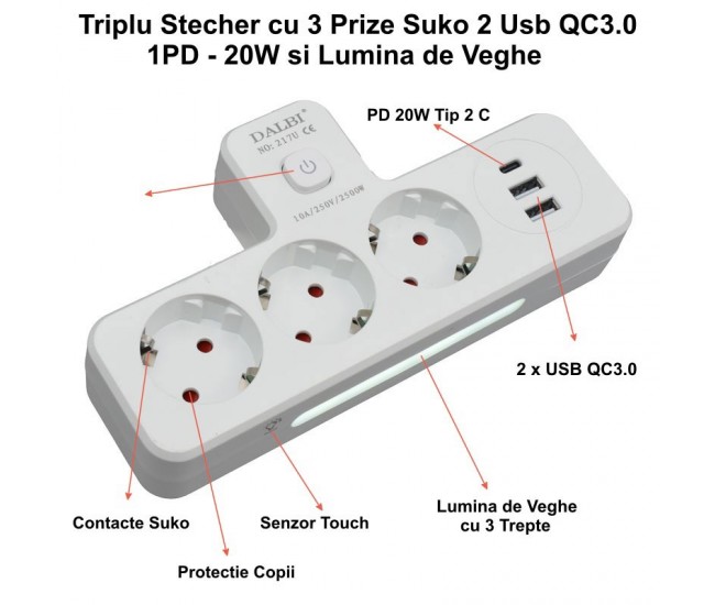 Triplu Stecher Multifunctional cu 2 x Usb QC3.0 - 1PD 20W si Lumina de Veghe
