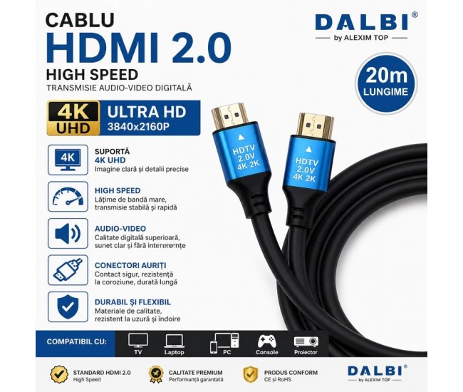 Cablu HDMI 2.0 4K UHD High Speed HDTV DALBI 20m