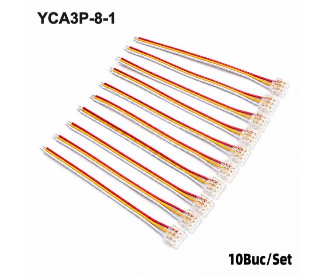 Conector Banda LED SMD Monocolor 8mm 3 Pini cu Cablu 10cm Set 10 Buc YCA3P-8-1 DALBI