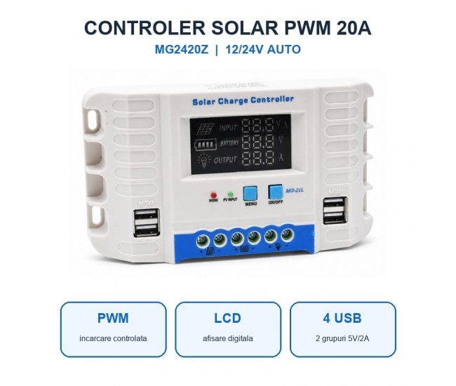 Controler Incarcare Solara PWM 20A, 12/24V Auto, LCD si 4 USB, MG2420Z DALBI