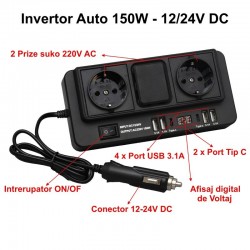 Invertor Auto de Tensiune 150W - 12/24V DC la 2 x 220V AC cu 4 x Usb 3.1 si 2 x Tip C Invertor Auto de Tensiune 150W - 12/24V DC la 2 x 220V AC cu 4 x Usb 3.1 si 2 x Tip C