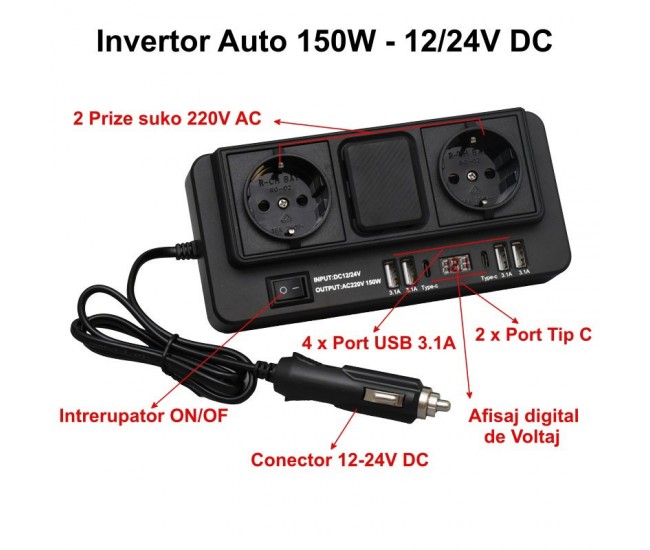 Invertor Auto de Tensiune 150W - 12/24V DC la 2 x 220V AC cu 4 x Usb 3.1 si 2 x Tip C