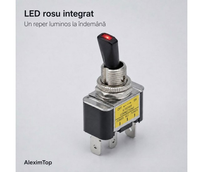Intrerupator cu Maneta si LED Rosu 12V 30A, ON/OFF, 3 Pini