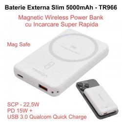 Baterie Externa 5000mAh, Power Bank Slim - Magnetic Wireless 15W, Usb /  TR-966 / Alb Baterie Externa 5000mAh, Power Bank Slim - Magnetic Wireless 15W, Usb /  TR-966 / Alb
