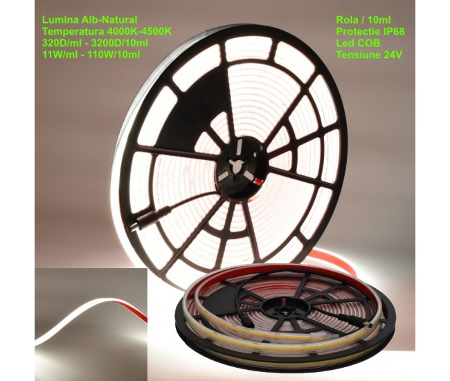 Banda Led 320 Cob - 24V - 11mm Alb-Natural 4500K, IP68 Submersibila - Rola/10ml