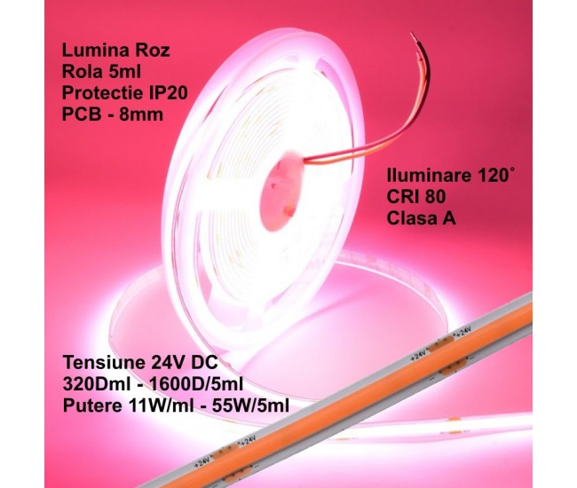 Banda Cob Led 24V - 8mm / 320led/ml - 11W/ml, Roz - Interior IP20 - 5m/rol
