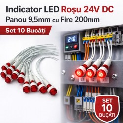 Indicator LED Rosu 24V DC Panou 9,5mm cu Fire 20Cm, Set 10 Bucati