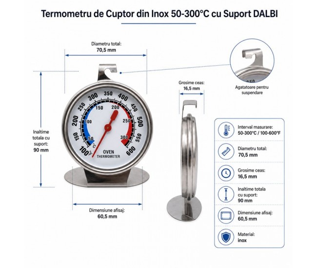 Termometru de Cuptor din Inox 50-300°C cu Suport DALBI XTJ-11