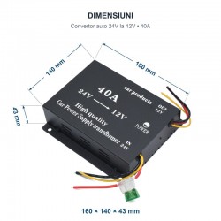 Convertor Auto de Tensiune 24V la 12V, 40A, DC-DC, cu Ventilator DALBI