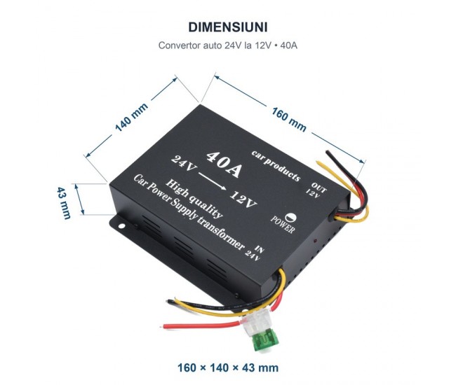 Convertor Auto de Tensiune 24V la 12V, 40A, DC-DC, cu Ventilator DALBI