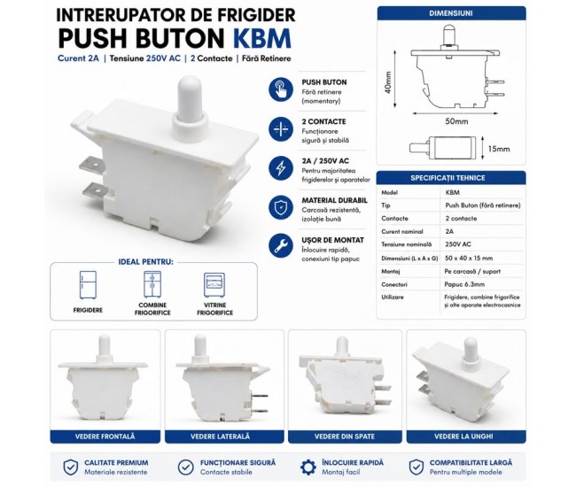 Intrerupator Usa Frigider Push Buton KBM 2A 250V AC fara Retinere DALBI