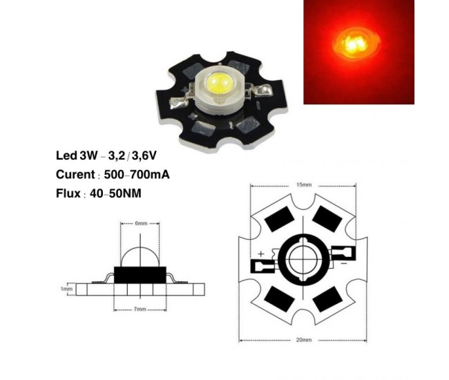 Led SMD 3W cu Radiator, Lumina Roșie