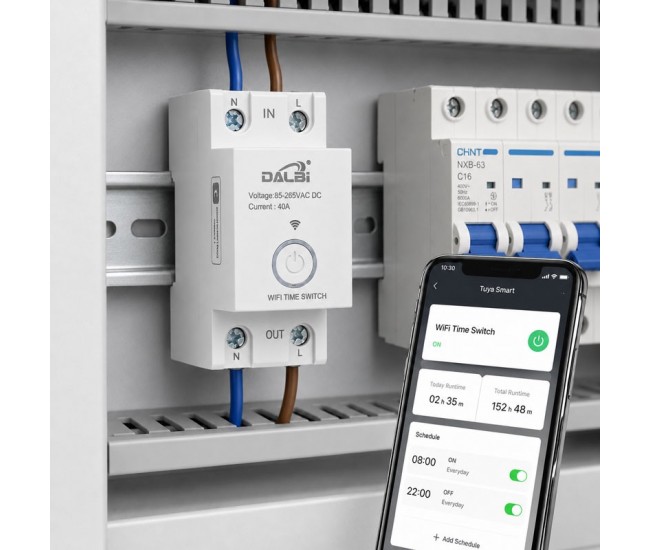 Intrerupator Temporizator WiFi Smart Tuya 40A pe Sina DIN DALBI
