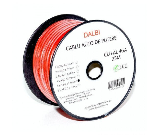 Cablu Auto de Putere Rosu CU+AL 4GA 10mm, 25m/Rola