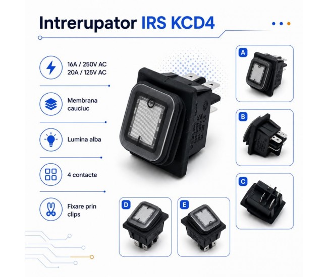 Intrerupator IRS KCD4 16A 250V cu Membrana Cauciuc si LED Alb DALBI