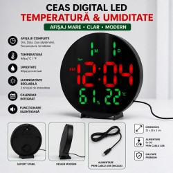 Ceas Digital LED Rotund 26cm Rosu-Verde cu Telecomanda, Temperatura si Umiditate 3813L DALBI