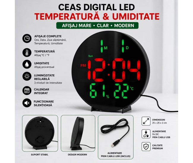 Ceas Digital LED Rotund 26cm Rosu-Verde cu Telecomanda, Temperatura si Umiditate 3813L DALBI