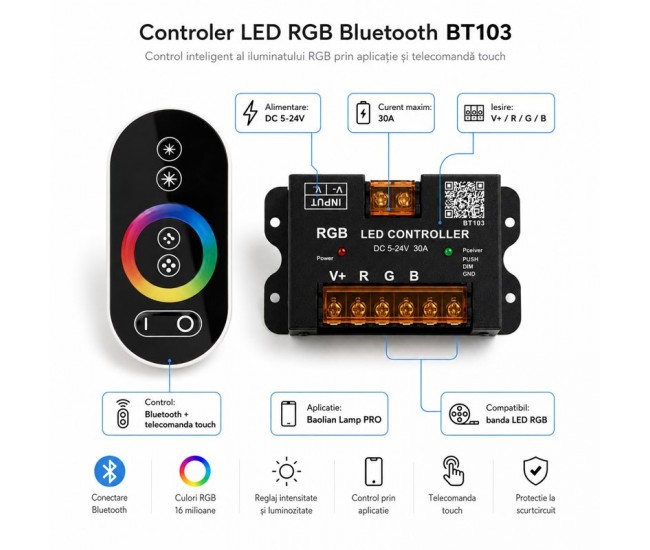 Controler LED RGB 5-24V 30A Bluetooth pentru Banda LED RGB BT103