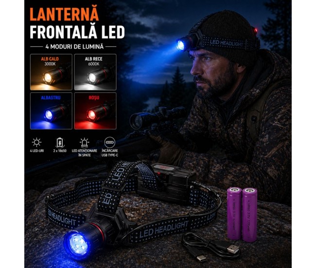 Lanterna Frontala LED 4 Culori Alb Cald Alb Rece Albastru Rosu Acumulator 18650 USB-C Zoom