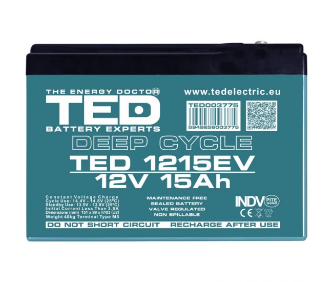 Acumulator 12V 15Ah Deep Cycle plumb-acid pentru scutere electrice, UPS si aplicatii industriale