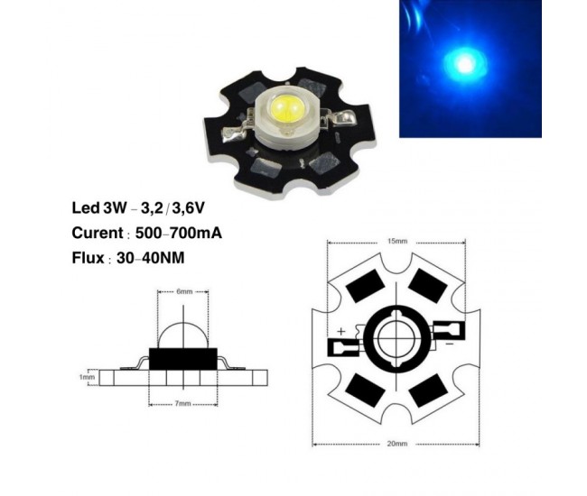 Led SMD 3W cu Radiator, Lumina Albastra