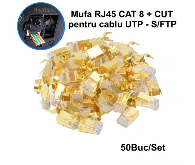 Mufa RJ45 S/FTP CAT 8 CUT Auriu cu Ecranare Metalica - 50Buc/Set