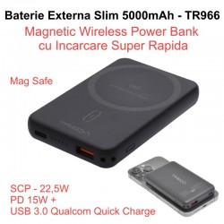 Baterie Externa 5000mAh, Power Bank Slim - Magnetic Wireless 15W, Usb /  TR-966 / Negru Baterie Externa 5000mAh, Power Bank Slim - Magnetic Wireless 15W, Usb /  TR-966 / Negru