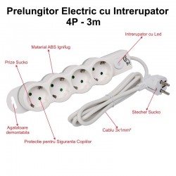 Prelungitor Electric cu Intrerupator, 4 Prize si Protectie Copii, Cablu 3x1mm / 3m Prelungitor Electric cu Intrerupator, 4 Prize si Protectie Copii, Cablu 3x1mm / 3m