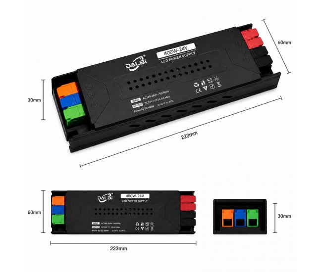 Sursa Alimentare LED 24V 400W 16.6A Slim cu Conectare Rapida Push-In DALBI
