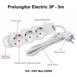 Prelungitor Electric 3 Prize si Protectie Copii, Cablu 3x1mm / 5m Prelungitor Electric 3 Prize si Protectie Copii, Cablu 3x1mm / 5m