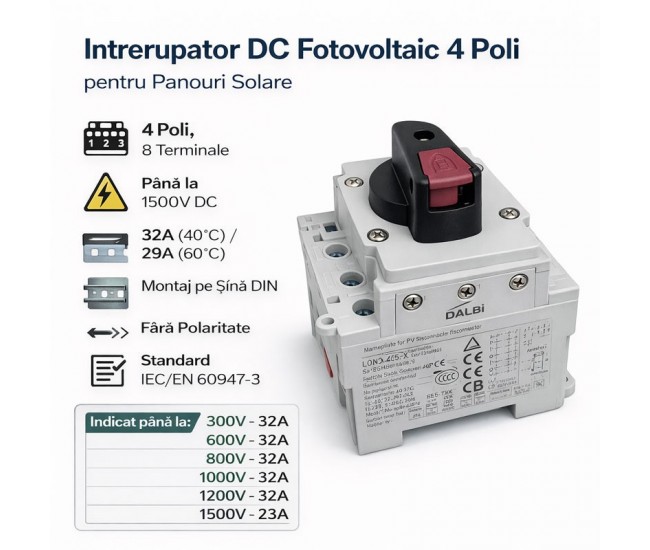 Intrerupator DC Fotovoltaic 4 Poli 1500V 32A PV Switch Disconnector