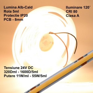 Banda Cob Led 24V - 8MM / 320led/ml - 11W/ml, Lumina Alb-Cald 3500K - 1200lm - Interior IP20 - 5m/rol