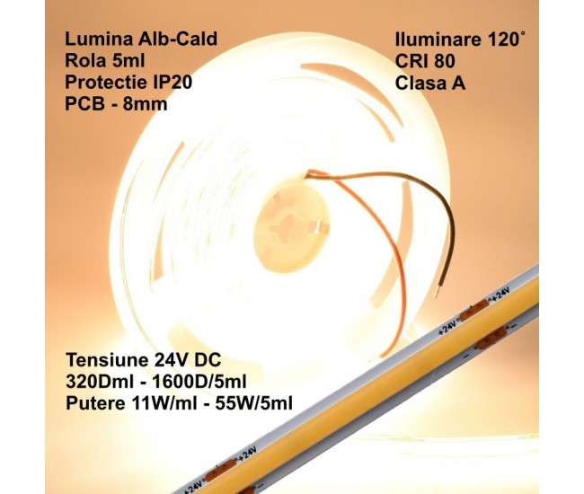 Banda Cob Led 24V - 8MM / 320led/ml - 11W/ml, Lumina Alb-Cald 3500K - 1200lm - Interior IP20 - 5m/rol