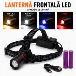Lanterna Frontala LED 4 Culori Alb Cald Alb Rece Albastru Rosu Acumulator 18650 USB-C Zoom