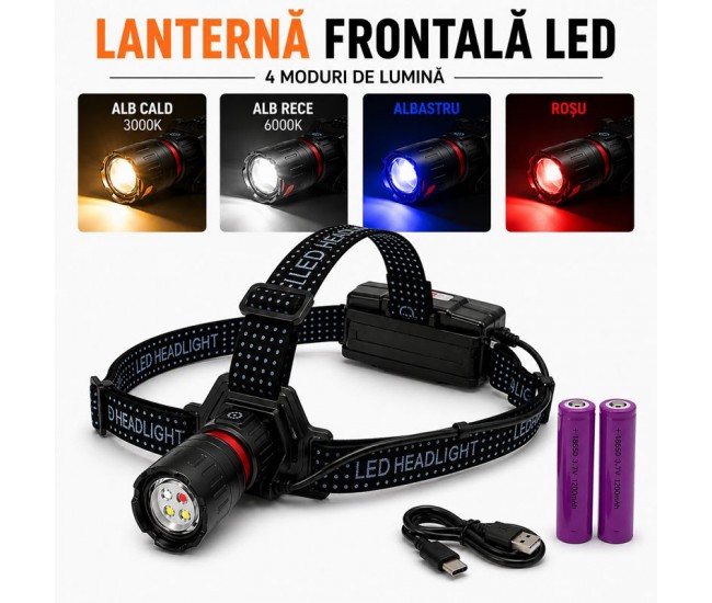Lanterna Frontala LED 4 Culori Alb Cald Alb Rece Albastru Rosu Acumulator 18650 USB-C Zoom