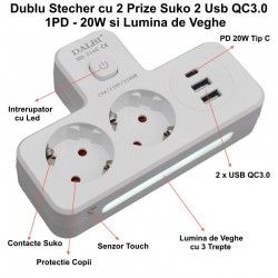 Dublu Stecher Multifunctional cu 2 x Usb QC3.0 - 1PD 20W si Lumina de Veghe Dublu Stecher Multifunctional cu 2 x Usb QC3.0 - 1PD 20W si Lumina de Veghe