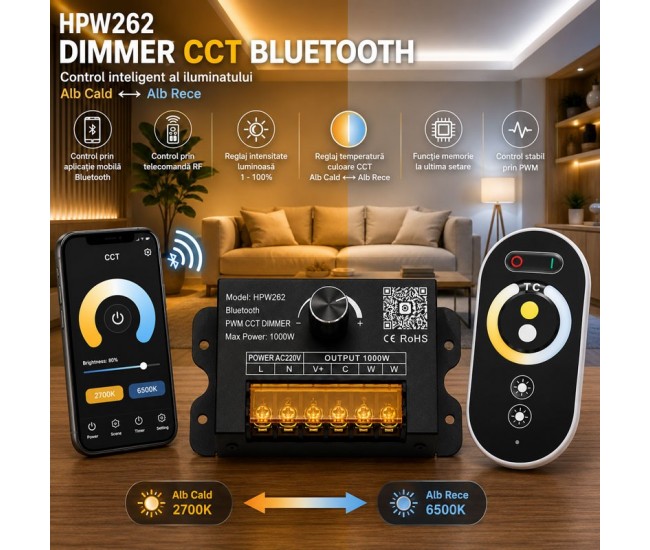 Controler Banda LED CCT 220V 1000W Bluetooth cu Telecomanda RF si Reglaj Manual HPW262