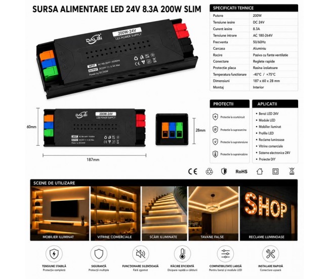 Sursa Alimentare LED 24V 200W 8.3A Slim cu Conectare Rapida Push-In DALBI