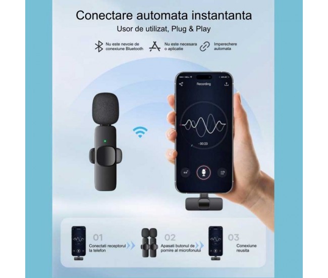 Microfon Dublu Wireless K9 Prof de Lavariera - Tip C / iPhone