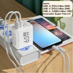 Incarcator Rapid 65W PD Trio, 2 x Tip C + Usb 2.0 Incarcator Rapid 65W PD Trio, 2 x Tip C + Usb 2.0