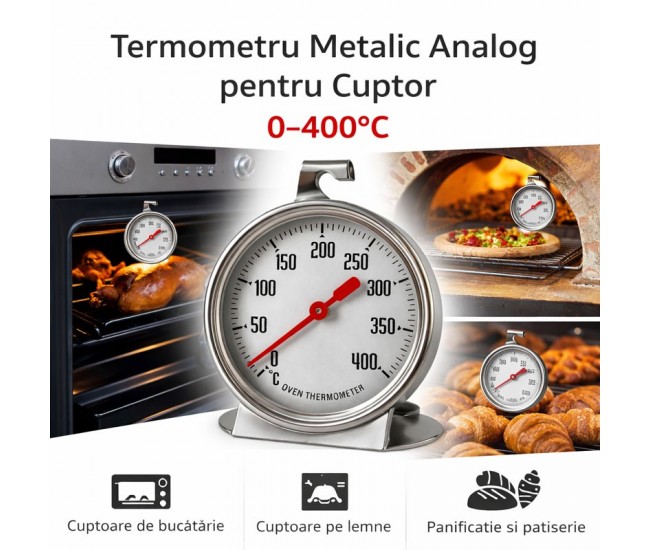 Termometru Metalic Analog pentru Cuptor 0–400 grade Celsius – Masurare Temperatura Aer | DALBI