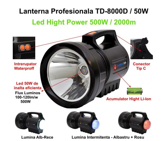 Lanterna Profesionala 500W cu Led High Power 50W TD-8000D