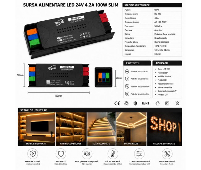 Sursa Alimentare LED 24V 100W 4.2A Slim cu Conectare Rapida Push-In DALBI