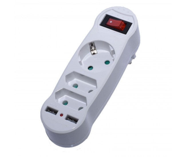Triplu Stecher 2+1 cu 2 Usb si Intrerupator