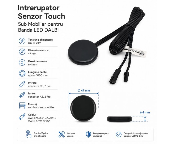 Intrerupator Senzor Touch pentru Banda LED Sub Mobilier DALBI