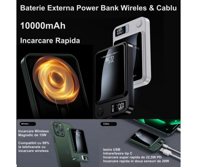 Baterie Externa 22,5W Fast Wireless / Power-Bank 10000mAh