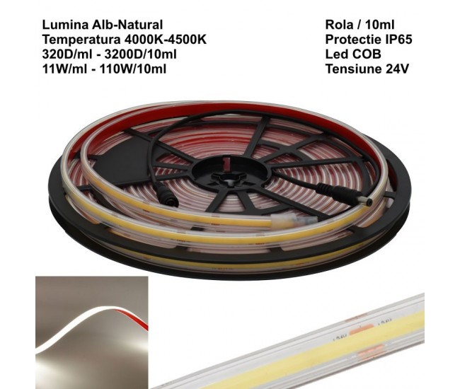 Banda Led 320 Cob - 24V - 10mm Alb-Neutru 4500K, IP65 Exterior - Rola/10ml