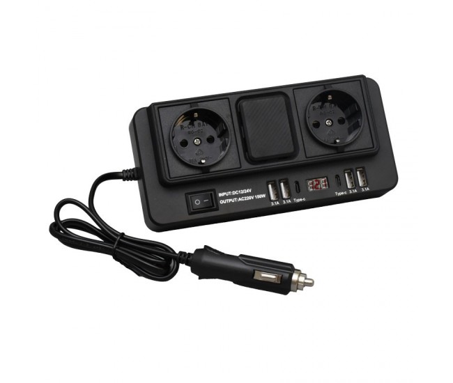 Invertor Auto de Tensiune 150W - 12/24V DC la 2 x 220V AC cu 4 x Usb 3.1 si 2 x Tip C