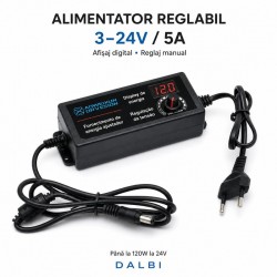 Alimentator Reglabil 3-24V DC 5A cu Afisaj Digital, Mufa 5,5x2,1mm DALBI
