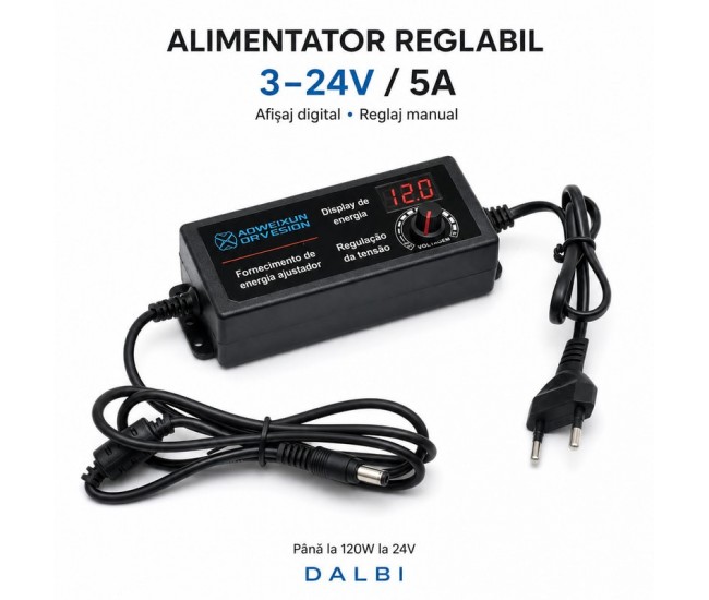 Alimentator Reglabil 3-24V DC 5A cu Afisaj Digital, Mufa 5,5x2,1mm DALBI
